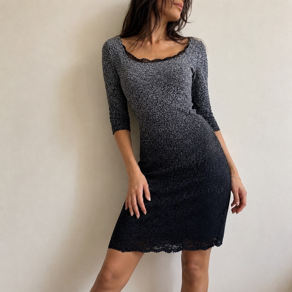 Marina Black Silver Ombre Metallic Lace Sheath Cocktail Dress‎ Size 10 NWT